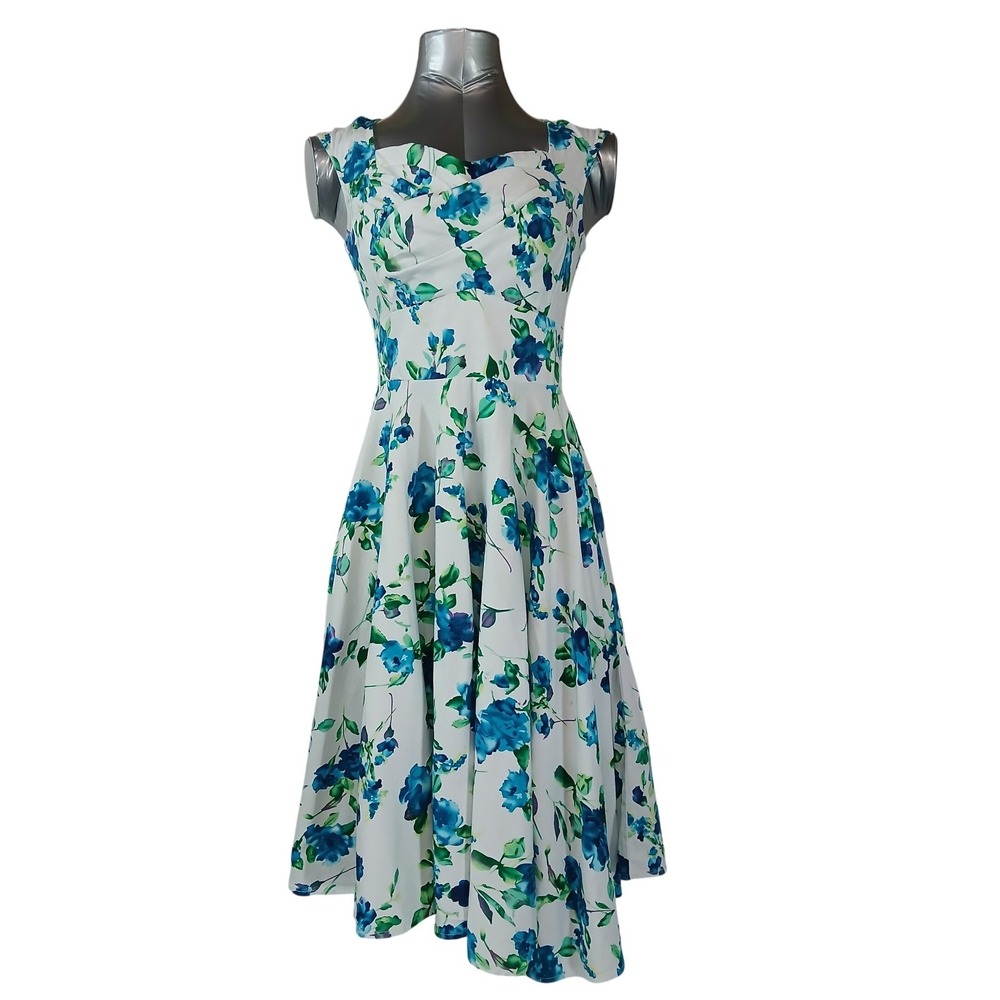 Belle Poque Womens Sm Blue Floral Fit & Flare Dress Retro 1950s Rockabilly